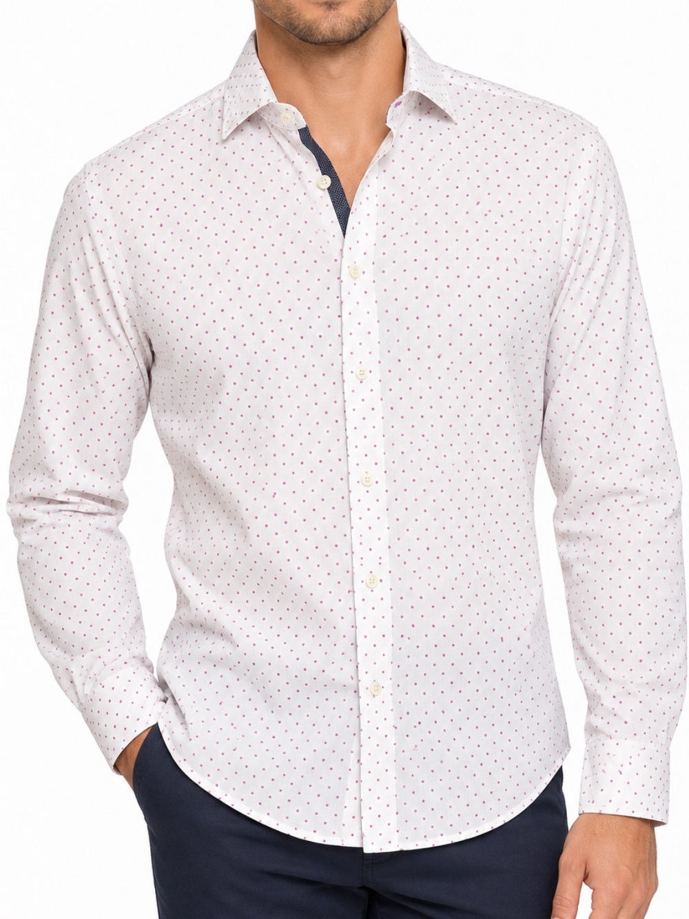 Construct men’s slim fit stretch white pink micro dot dress shirt 14.5 32-33